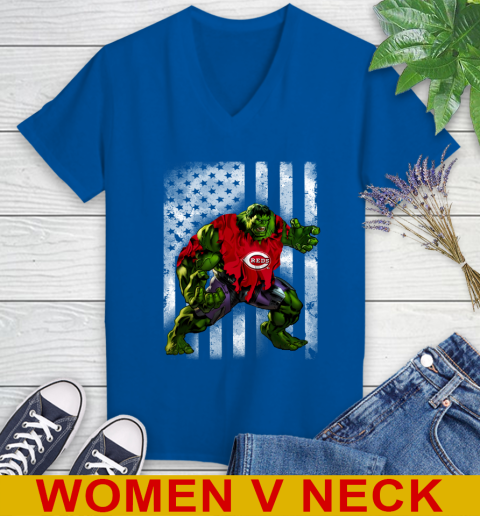 Cincinnati Reds Hulk Marvel Avengers MLB Baseball American Flag Women's V-Neck T-Shirt 9