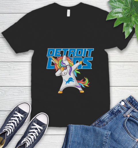 Detroit Lions NFL Football Funny Unicorn Dabbing Sports V-Neck T-Shirt 2