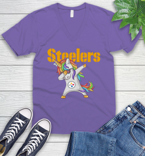 Pittsburgh Steelers NFL Football Funny Unicorn Dabbing Sports V-Neck T-Shirt 10