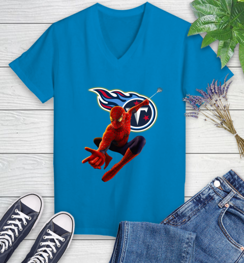 NFL Spider Man Avengers Endgame Football Tennessee Titans Women's V-Neck T-Shirt 7
