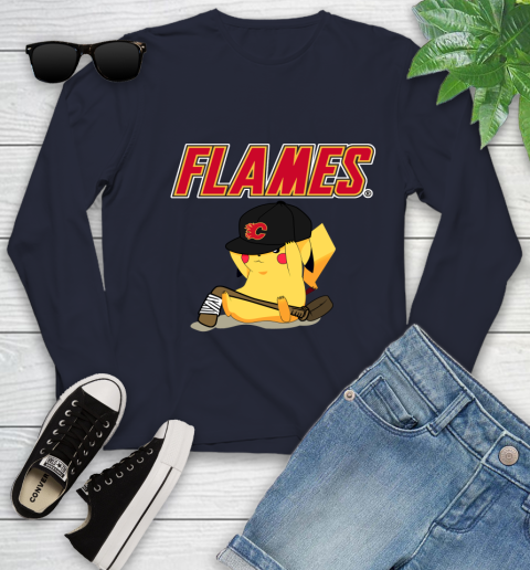 NHL Pikachu Hockey Sports Calgary Flames Youth Long Sleeve 3