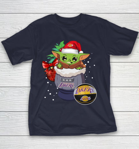 Los Angeles Lakers Christmas Baby Yoda Star Wars Funny Happy NBA Youth T-Shirt 4