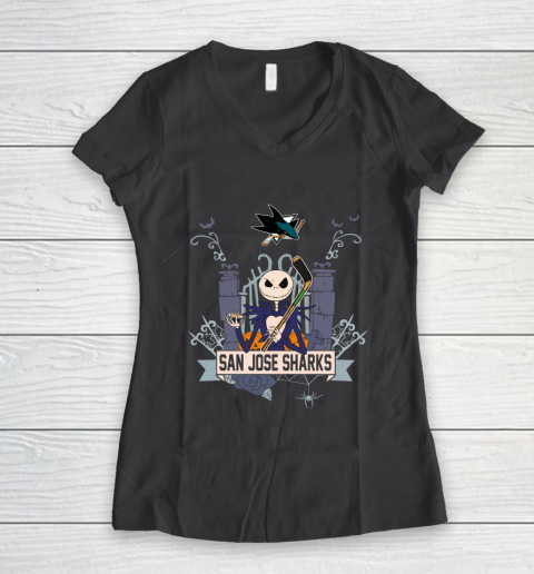 NHL San Jose Sharks Hockey Jack Skellington Halloween Women's V-Neck T-Shirt 6