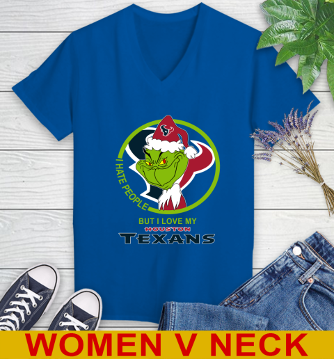 Houston Texans NFL Christmas Grinch I Hate People But I Love My Favorite Football Team Women's V-Neck T-Shirt 11