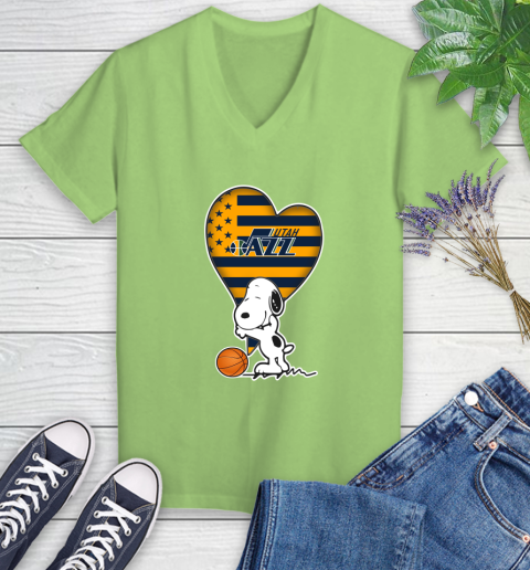 Utah Jazz NBA Basketball The Peanuts Movie Adorable Snoopy Women's V-Neck T-Shirt 11