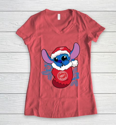 Detroit Red Wings Christmas Stitch In The Sock Funny Disney NHL Women's V-Neck T-Shirt 6