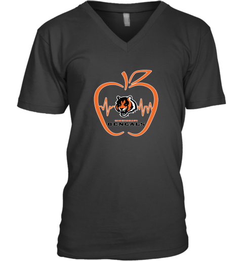 Apple Heartbeat Teacher Symbol Cincinnati Bengals V-Neck T-Shirt