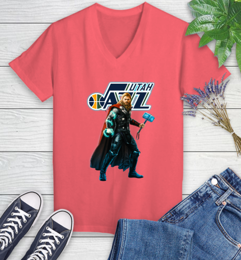 NBA Thor Avengers Endgame Basketball Utah Jazz Women's V-Neck T-Shirt 6