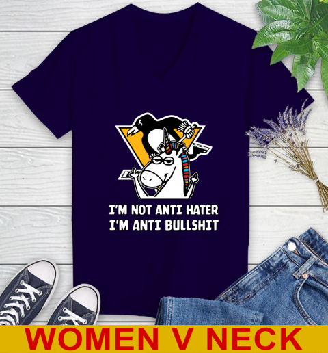 Pittsburgh Penguins NHL Hockey Unicorn I'm Not Anti Hater I'm Anti Bullshit Women's V-Neck T-Shirt 4