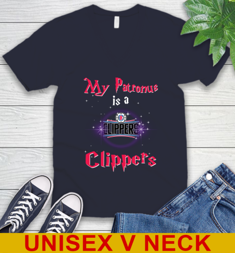 NBA Basketball Harry Potter My Patronus Is A LA Clippers V-Neck T-Shirt 2