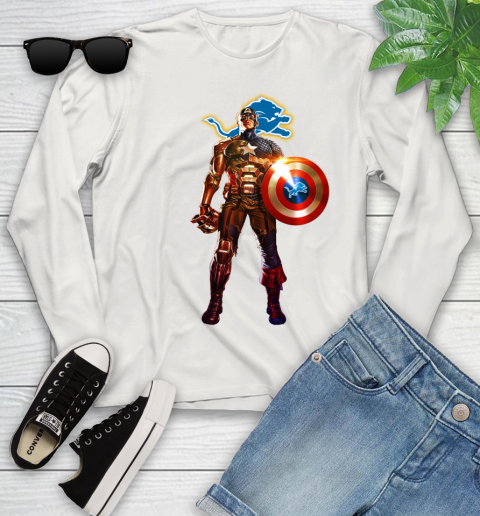 NFL Captain America Marvel Avengers Endgame Football Sports Detroit Lions Youth Long Sleeve 12