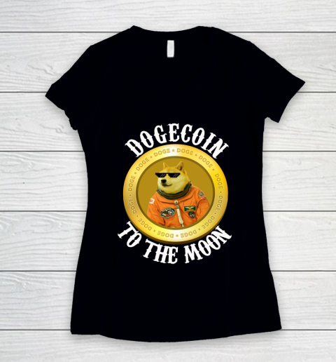 Dogecoin Cool Moon Astronaut Meme Crypto Women's V-Neck T-Shirt