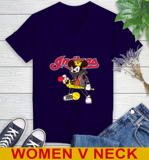 Cleveland Indians MLB Baseball Mickey Peace Sign Sports Women's V-Neck T-Shirt 4
