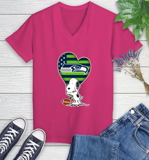 Seattle Seahawks NFL Football The Peanuts Movie Adorable Snoopy Women's V-Neck T-Shirt 9