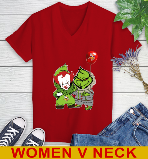 Minnesota Vikings Baby Pennywise Grinch Christmas NFL Football Women's V-Neck T-Shirt 12