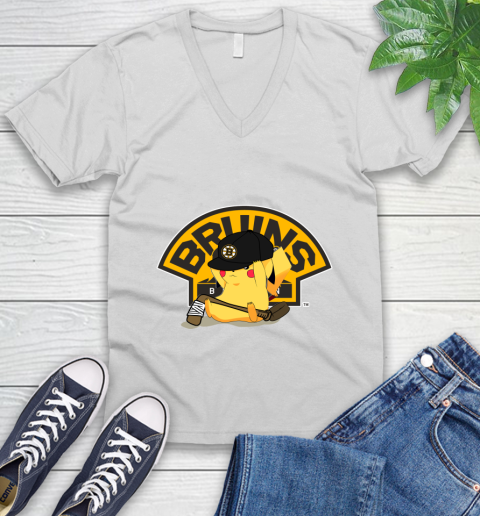 NHL Pikachu Hockey Sports Boston Bruins V-Neck T-Shirt