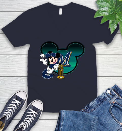 MLB Milwaukee Brewers The Commissioner's Trophy Mickey Mouse Disney V-Neck T-Shirt 3
