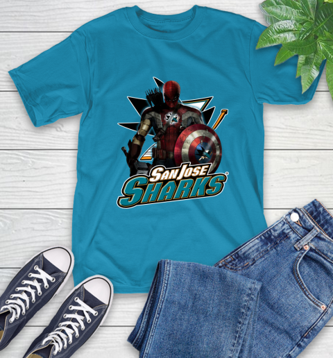 NHL Captain America Thor Spider Man Hawkeye Avengers Endgame Hockey San Jose Sharks T-Shirt 8