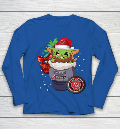 New Jersey Devils Christmas Baby Yoda Star Wars Funny Happy NHL Youth Long Sleeve 9
