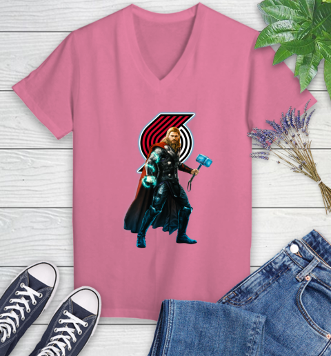 NBA Thor Avengers Endgame Basketball Portland Trail Blazers Women's V-Neck T-Shirt 13