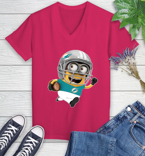 NFL Miami Dolphins Minions Disney Football Sports Women's V-Neck T-Shirt 9