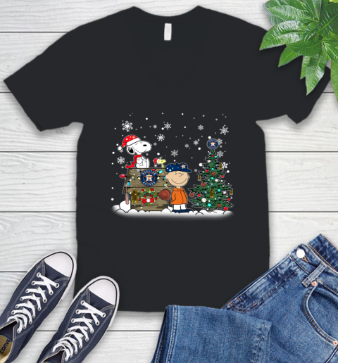 MLB Houston Astros Snoopy Charlie Brown Christmas Baseball Commissioner's Trophy V-Neck T-Shirt