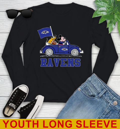 NFL Football Baltimore Ravens Pluto Mickey Driving Disney Shirt Youth Long Sleeve 2