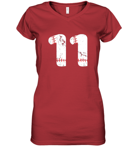 rp4f number 11 baseball vintage distressed team women v neck t shirt 39 front red