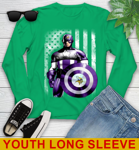 Minnesota Vikings NFL Football Captain America Marvel Avengers American Flag Shirt Youth Long Sleeve 7