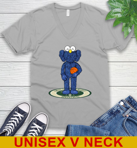NBA Basketball Milwaukee Bucks Kaws Bff Blue Figure Shirt V-Neck T-Shirt 4