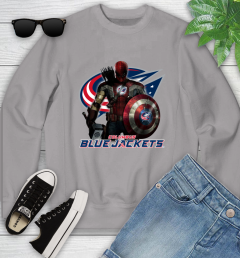 NHL Captain America Thor Spider Man Hawkeye Avengers Endgame Hockey Columbus Blue Jackets Youth Sweatshirt 4