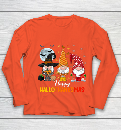 Gnomes Halloween And Merry Christmas Happy Hallothanksmas Youth Long Sleeve 3