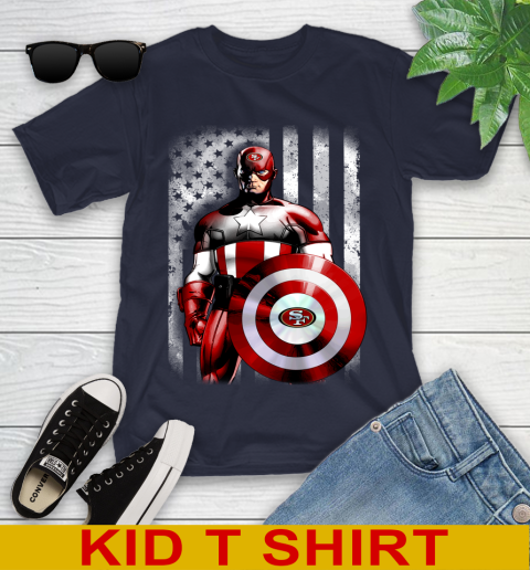 San Francisco 49ers NFL Football Captain America Marvel Avengers American Flag Shirt Youth T-Shirt - Image 3