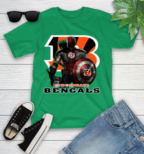 NFL Captain America Thor Spider Man Hawkeye Avengers Endgame Football Cincinnati Bengals Youth T-Shirt 6
