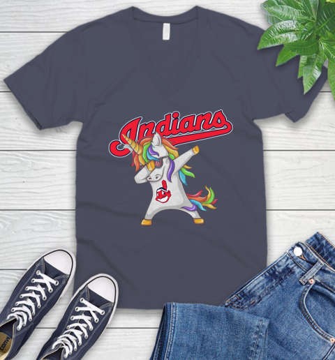 Cleveland Indians MLB Baseball Funny Unicorn Dabbing Sports V-Neck T-Shirt 9