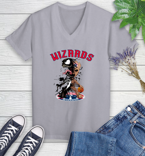 NBA Washington Wizards Basketball Venom Groot Guardians Of The Galaxy Women's V-Neck T-Shirt 4