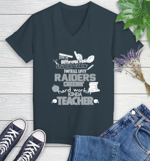 Oakland Raiders NFL I'm A Difference Making Student Caring Football Loving Kinda Teacher Women's V-Neck T-Shirt - Image 9