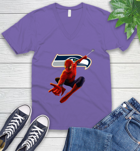 NFL Spider Man Avengers Endgame Football Seattle Seahawks V-Neck T-Shirt 9