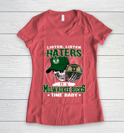 Listen Haters It is BUCKS Time Baby NBA Women's V-Neck T-Shirt 4