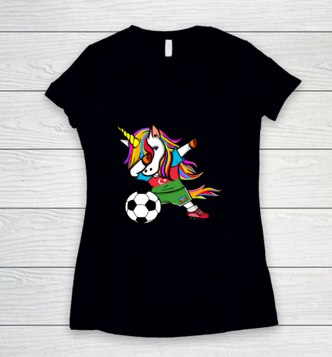 Dabbing Unicorn Azerbaijan Football Azerbaijani Flag Soccer Women's V-Neck T-Shirt