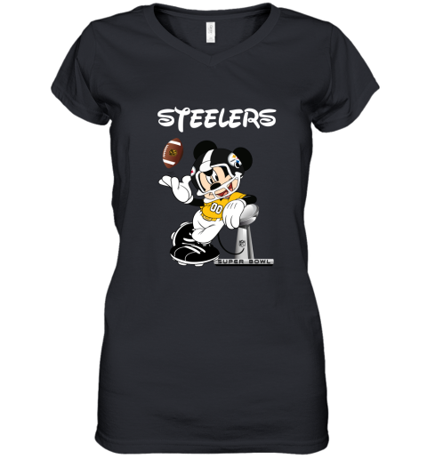 Mickey Steelers Taking The Super Bowl Trophy Football Women's V-Neck T-Shirt