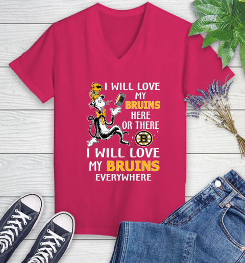 NHL Hockey Boston Bruins I Will Love My Bruins Everywhere Dr Seuss Shirt Women's V-Neck T-Shirt 7