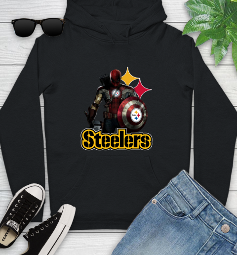 NFL Captain America Thor Spider Man Hawkeye Avengers Endgame Football Pittsburgh Steelers Youth Hoodie 2