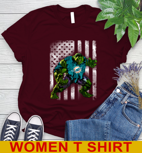 Miami Dolphins Hulk Marvel Avengers NFL Football American Flag Women's T-Shirt 6