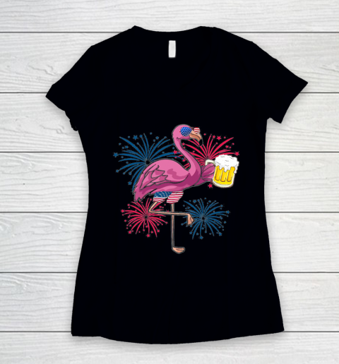 Beer Lover Funny Shirt Flamingo Cheer Beer American Flag Fireworks Independence Day Women's V-Neck T-Shirt