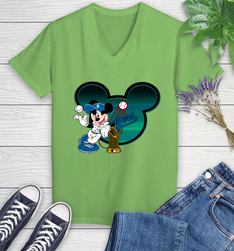 MLB Los Angeles Dodgers The Commissioner's Trophy Mickey Mouse Disney Women's V-Neck T-Shirt 11