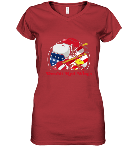 an4i detroit red wings ice hockey snoopy and woodstock nhl women v neck t shirt 39 front red