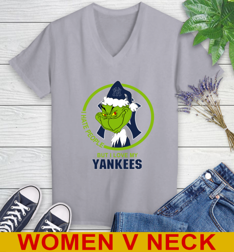 New York Yankees MLB Christmas Grinch I Hate People But I Love My Favorite Baseball Team Women's V-Neck T-Shirt 5
