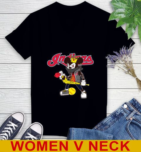 Cleveland Indians MLB Baseball Mickey Peace Sign Sports Women's V-Neck T-Shirt 2
