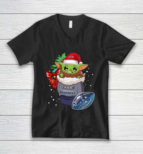 Seattle Seahawks Christmas Baby Yoda Star Wars Funny Happy NFL V-Neck T-Shirt